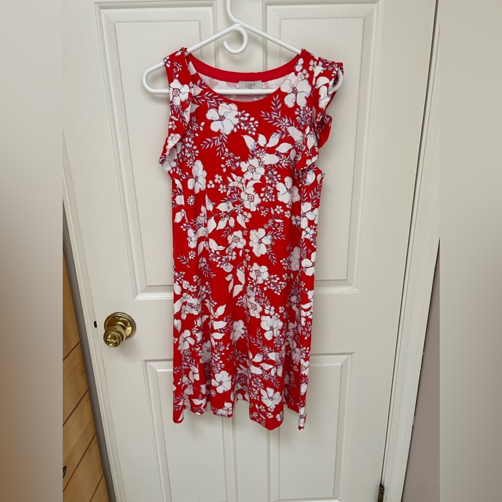 LOFT Red Floral Sleeveless A-Line Dress